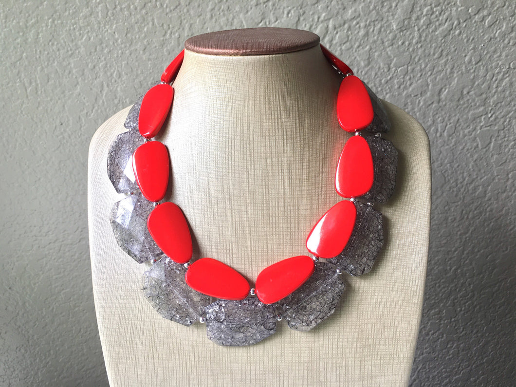 Gray & Red Necklace, multi strand jewelry, big beaded chunky statement necklace, red jewelry, bridesmaid necklace, bib necklace, gray beaded