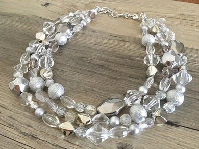 Silver and Clear statement necklace, lucite necklace, resin necklace, clear three strand chunky jewelry, silver Beaded Holiday Necklace