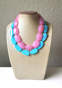 Blush Pink & Turquoise Necklace, double strand jewelry, big beaded chunky statement necklace, blue necklace, turquoise jewelry, pink jewelry