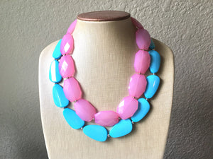 Blush Pink & Turquoise Necklace, double strand jewelry, big beaded chunky statement necklace, blue necklace, turquoise jewelry, pink jewelry