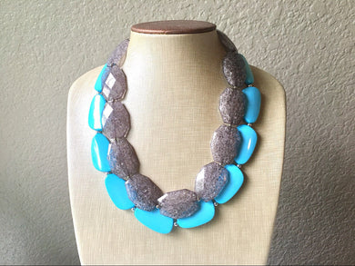 Gray & Turquoise Necklace, double strand jewelry, big beaded chunky statement necklace, blue necklace, turquoise jewelry, gray jewelry