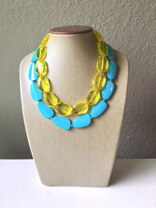 Yellow & Turquoise Necklace, double strand jewelry, big beaded chunky statement necklace, blue necklace, turquoise jewelry, yellow jewelry