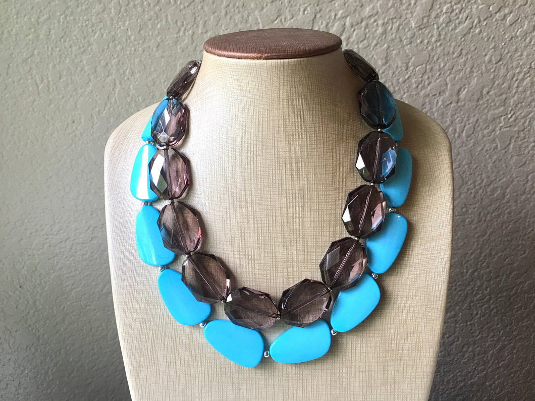 Gray & Turquoise Necklace, double strand jewelry, big beaded chunky statement necklace, blue necklace, turquoise jewelry, gray jewelry