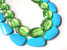Load image into Gallery viewer, Lime &amp; Turquoise Necklace, double strand jewelry, big beaded chunky statement necklace, blue necklace, turquoise jewelry, green jewelry