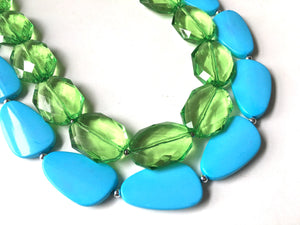 Lime & Turquoise Necklace, double strand jewelry, big beaded chunky statement necklace, blue necklace, turquoise jewelry, green jewelry