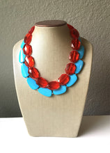 Load image into Gallery viewer, Red &amp; Turquoise Necklace, double strand jewelry, big beaded chunky statement necklace, blue necklace, turquoise jewelry, red jewelry