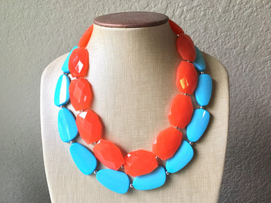 Orange & Turquoise Necklace, double strand jewelry, big beaded chunky statement necklace, blue necklace, turquoise jewelry, orange jewelry