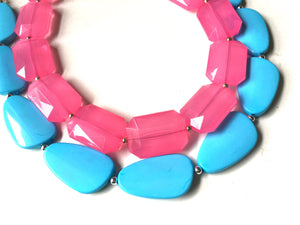 Bubblegum Pink & Turquoise Necklace, double strand jewelry, big beaded chunky statement necklace, blue necklace, turquoise jewelry, pink