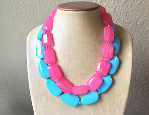 Bubblegum Pink & Turquoise Necklace, double strand jewelry, big beaded chunky statement necklace, blue necklace, turquoise jewelry, pink