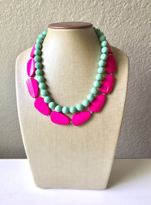 Mint Green & Pink Necklace, multi strand colorful jewelry, big beaded chunky statement necklace, hot pink necklace, magenta jewelry, pink