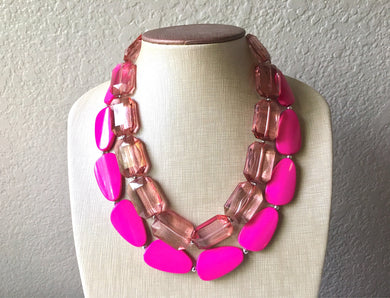 Rosegold & Pink Necklace, multi strand colorful jewelry, big beaded chunky statement necklace, hot pink necklace, yellow magenta jewelry