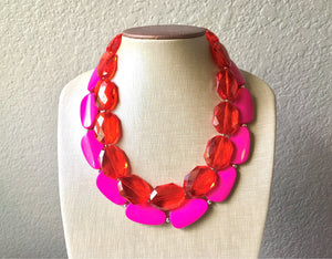 Red & Pink Necklace, multi strand colorful jewelry, big beaded chunky statement necklace, hot pink necklace, Valentines Day necklace