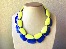 Load image into Gallery viewer, Chunky Statement Apple Green Necklace, multi strand colorful jewelry, big beaded chunky statement necklace, blue necklace, royal blue