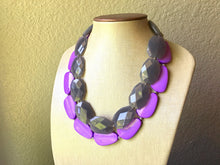 Load image into Gallery viewer, Chunky Statement Purple Necklace, multi strand colorful jewelry, big beaded chunky statement necklace, gray necklace, gray jewelry