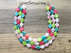 Colorful Chunky Statement Jewelry Set, pink white jewelry, multi Strand Statement Necklace, Bib necklace, pink bridesmaid wedding