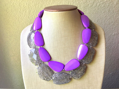 Chunky Statement Purple Necklace, multi strand colorful jewelry, big beaded chunky statement necklace, gray necklace, gray jewelry