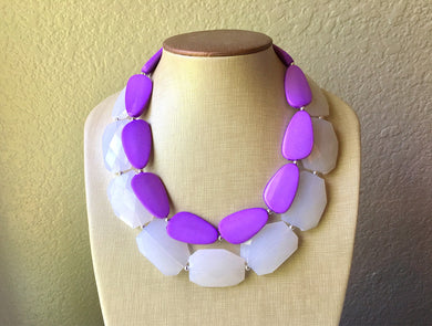 Chunky Statement Purple Necklace, multi strand colorful jewelry, big beaded chunky statement necklace, white necklace, white jewelry