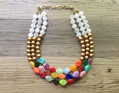 Statement Necklace, Extra Chunky necklace, rainbow necklace, gold necklace, white and gold necklace, Rainbow jewelry, gold jewelry earrings