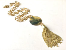 Load image into Gallery viewer, Abalone Shell Long Statement Tassel Necklace, gold necklace, gold tassel necklace, long tassel necklace, shell and crystal gold necklace