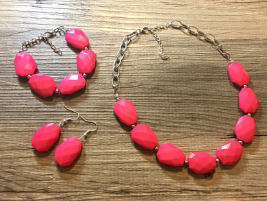 Hot pink Statement Necklace & Earrings and bracelet, hot pink jewelry, Your Choice GOLD or SILVER, pink bib chunky necklace, pink necklace
