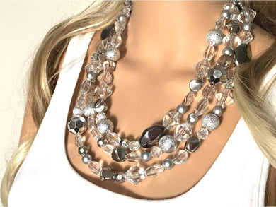 Silver & Clear 3 Strand statement necklace, big beaded necklace, chunky jewelry, white necklace, clear necklace, multi-strand bib jewelry