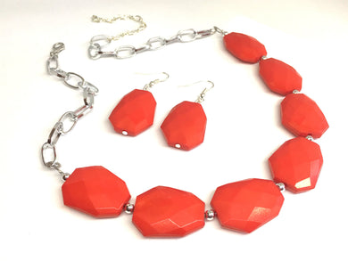 Red Statement Necklace & Earrings, red jewelry, Your Choice GOLD or SILVER, red bib chunky necklace, red necklace