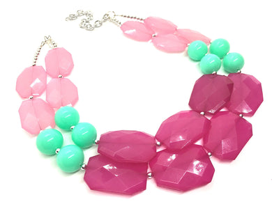 Pink & Mint Big Bead Necklace - Double Strand Statement Jewelry - magenta blush mint green Chunky bib bridesmaid, everyday bubble jewelry