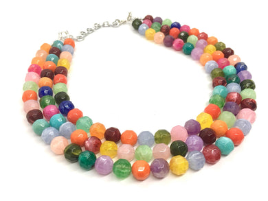 Statement Necklace, rainbow truple strand chunky bib beaded jewelry, colorful bead necklace, thick lucite rainbow statement