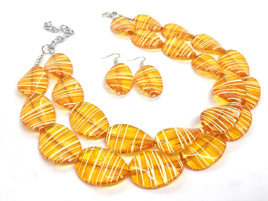 Orange White Statement Jewelry Set, big Beaded Chunky necklace bracelet earrings, multi Strand wedding, orange bridesmaid necklace