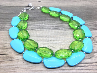 Lime & Turquoise Necklace, double strand jewelry, big beaded chunky statement necklace, blue necklace, turquoise jewelry, green jewelry