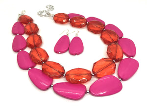 Red & Pink Necklace, multi strand colorful jewelry, big beaded chunky statement necklace, hot pink necklace, Valentines Day necklace