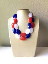 Load image into Gallery viewer, 4th of July Double Layer statement necklace with silver accents - Chunky Jewelry Patriotic America Red White and Blue beads