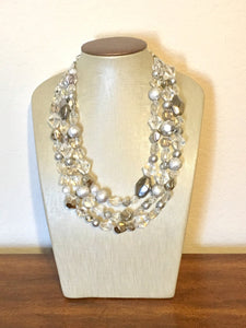 Silver and Clear statement necklace, lucite necklace, resin necklace, clear three strand chunky jewelry, silver Beaded Holiday Necklace