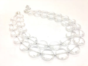 Bubble Clear Crystal Statement Necklace - Faceted circular Beaded Everyday neutral jewelry - silver accents chunky bib necklace