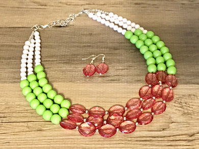 Pink White & Green Chunky Statement Necklace, Big beaded jewelry, triple strand Statement Necklace, chunky green and pink bib jewelry