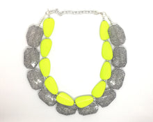 Load image into Gallery viewer, Chunky Statement Apple Green Necklace, multi strand colorful jewelry, big beaded chunky statement necklace, gray necklace, gray and green