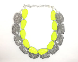 Chunky Statement Apple Green Necklace, multi strand colorful jewelry, big beaded chunky statement necklace, gray necklace, gray and green