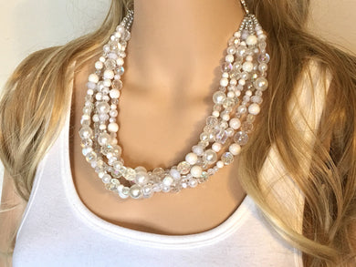 White & Clear 5 Strand statement necklace, big beaded necklace, chunky jewelry, white necklace, clear necklace, multi-strand bib jewelry