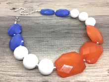 Load image into Gallery viewer, Royal Blue, White &amp; Orange Big Bead Necklace, single Strand Statement Jewelry, white blue orange Chunky bib, bridesmaid, Virginia Detroit