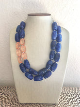 Load image into Gallery viewer, Peach &amp; Royal Blue Necklace, Double strand bright blue jewelry, big beaded chunky necklace, dark blue statement necklace, beaded navy blue