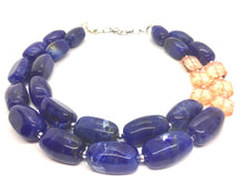 Load image into Gallery viewer, Peach &amp; Royal Blue Necklace, Double strand bright blue jewelry, big beaded chunky necklace, dark blue statement necklace, beaded navy blue