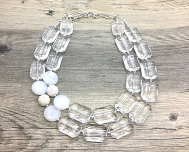 White and Clear statement necklace, lucite necklace, resin necklace, clear multi strand chunky jewelry, silver Beaded Holiday Necklace