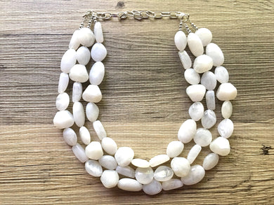 White 3 Strand XL statement necklace, big beaded necklace, chunky jewelry, white necklace, resin necklace, multi-strand bib jewelry