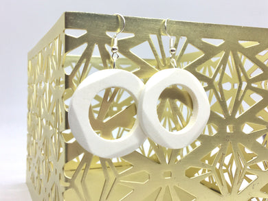 Wood Painted Geometric Earrings, White Earrings, Mod Boho Earrings, boho jewelry, wood drop earrings, white jewelry, round hoop earrings