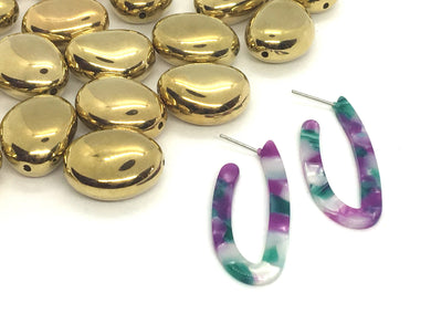 Tortoise Shell Hoop earrings, oval circle earrings, tortoise shell jewelry, purple & green, tortoise hoops thin skinny drop earrings