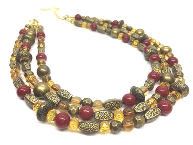 Fall Statement Necklace, Maroon Mustard Gold Necklace, Triple Strand Statement Necklace, fall colors necklace, vintage gold necklace, chunky