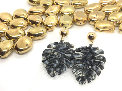 Tortoise Shell Gray & Gold stud earrings, palm leaf earrings, tortoise jewelry, gray earrings, gold jewelry, palm leaves drop earrings