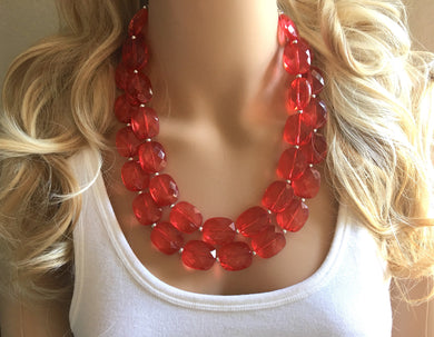 Cherry red Double Strand statement necklace, big beaded chunky jewelry, red jewelry set, red earrings, big bead red necklace, red bubble