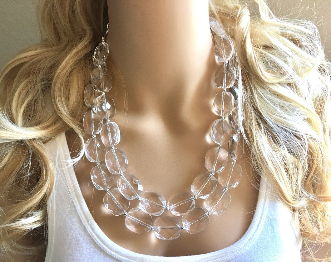 Clear Crystal Statement Necklace, Oval Beaded Everyday neutral jewelry, silver accents chunky bib necklace, clear resin lucite earrings