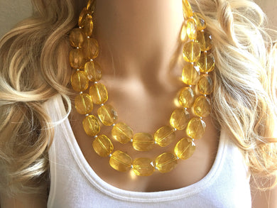 Clear Yellow Statement Necklace, Oval Beaded Everyday yellow jewelry, silver accents chunky bib necklace, clear resin lucite earrings yellow